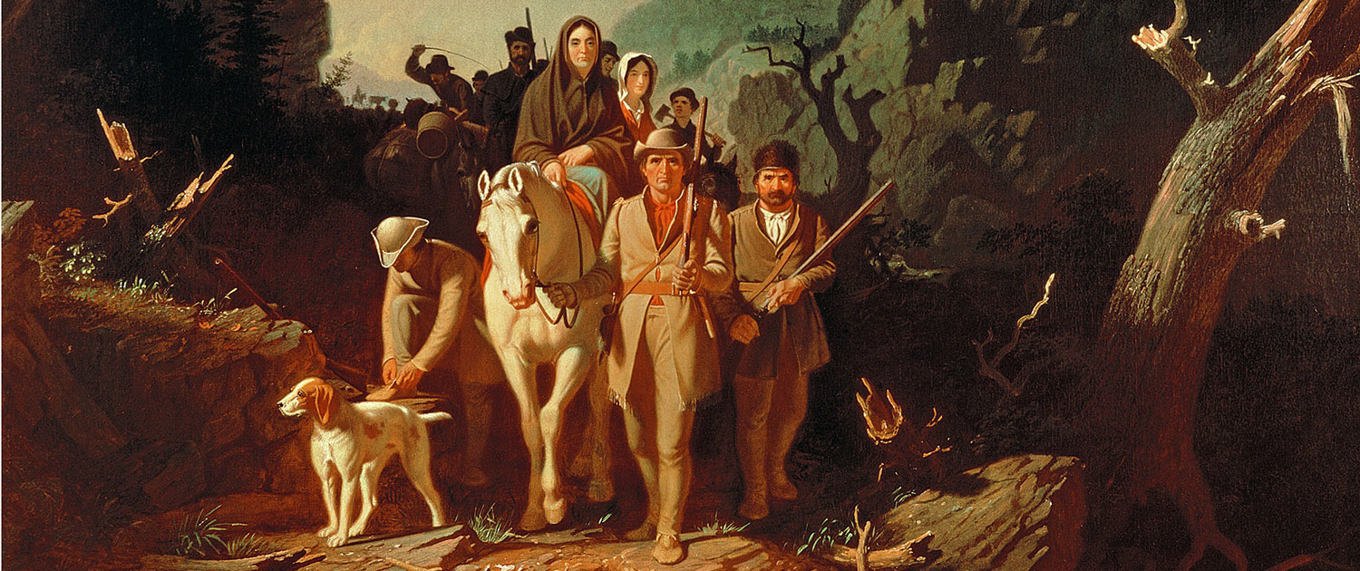 Historical rendering of Daniel Boone and the frontier party blazing their way along the Wilderness Road