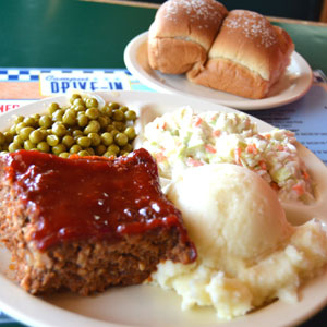 A meatloaf and mashed potato meal from Campus Drive In.