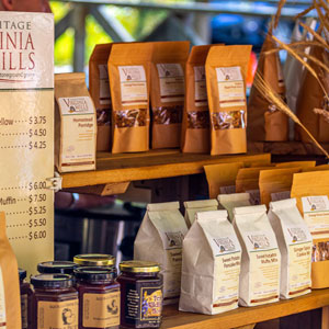 Bagged and bottled products on a shelf.