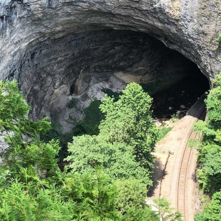 natural-tunnel Train tracks going through the tunnel at Natural Tunnel State Park.